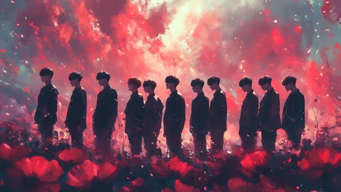 Silhouetted youths stand in poppy field under blazing sky