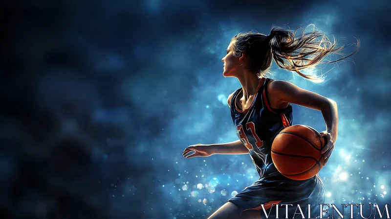 Dynamic female basketball player rendered in vivid digital lighting