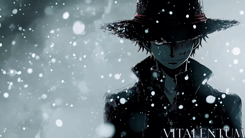 Mysterious snowbound wanderer in a shadowy wide-brim hat.