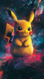 Electric mascot ignites neon storm in cosmic color haze.