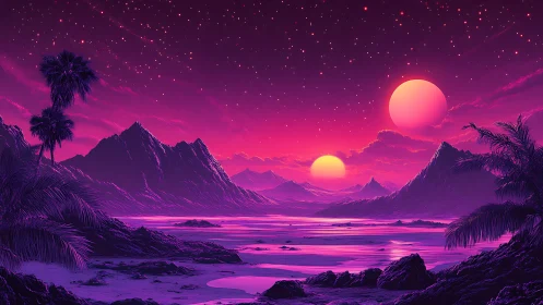 Twin suns soak a neon alien shoreline in cosmic dusk light.