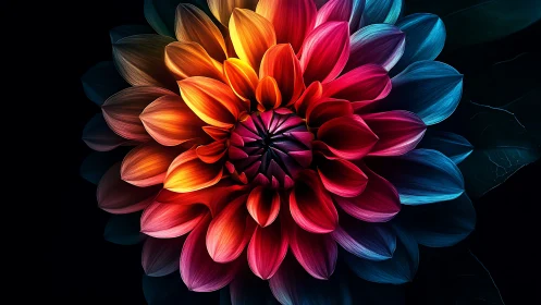 Prismatic Dahlia Blooming Through Color Spectrum Darkness.
