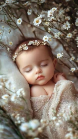 Sleeping newborn cradled in soft fabric and white daisies