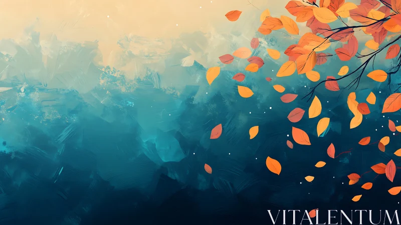 Autumn leaves drifting over twilight teal painted sky.