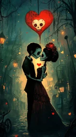 Skeleton figures in formal attire with oversized heart balloon