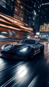Sports car speeds through wet city street at night