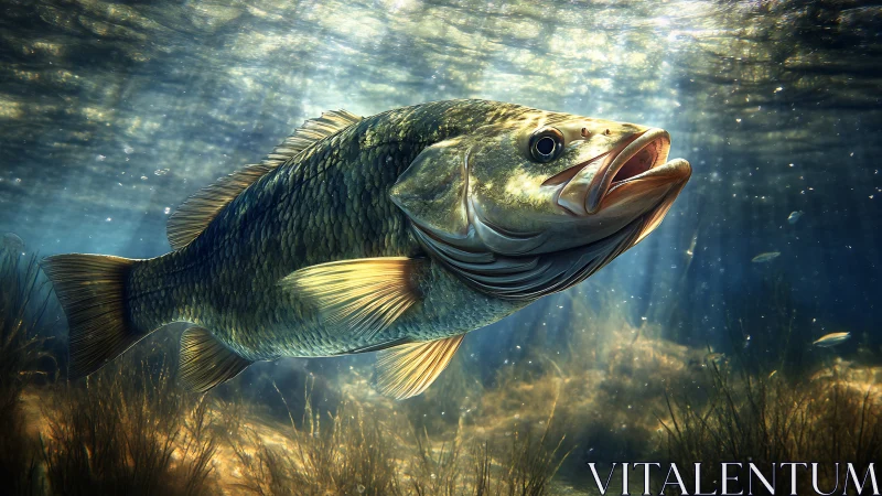 Large freshwater fish swims in illuminated underwater scene