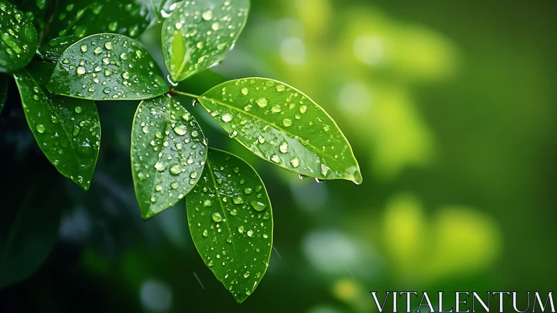 Rain-kissed green leaves glow softly in lush natural light