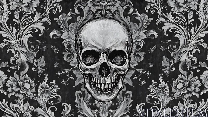 Baroque skull motif merges gothic decay with ornate florals.