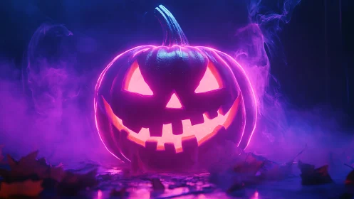 Glowing jack-o-lantern rendered with neon volumetric fog and rim lighting