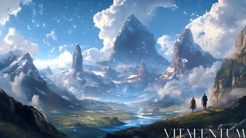 Epic fantasy mountain vista with travelers in painterly light.