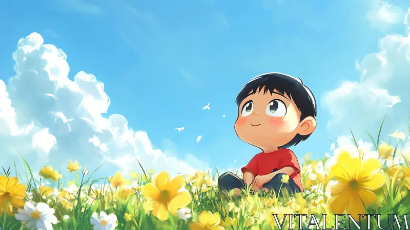 Child sits in sunlit meadow under bright blue sky