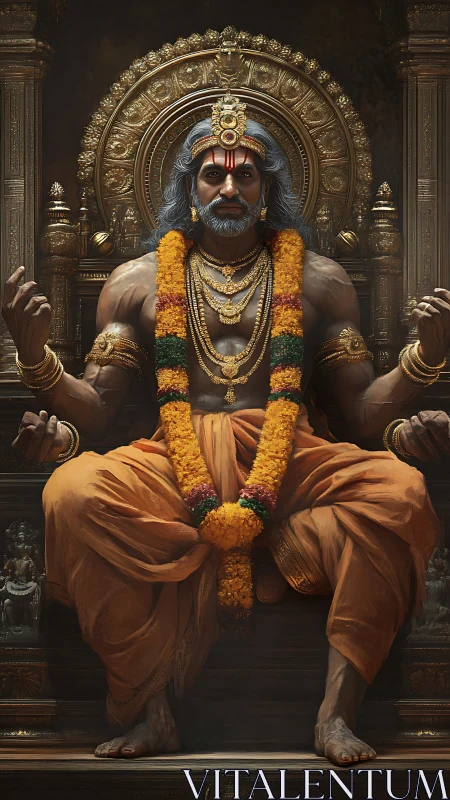 Seated robed figure on ornate golden throne in temple setting.