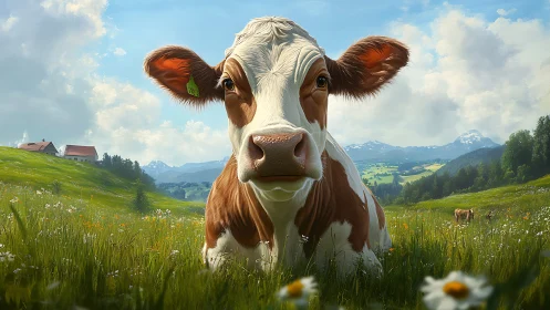 Curious meadow cow greeting you in a bright alpine field.