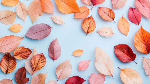 Falling autumn leaves scatter softly across pastel blue space.