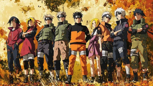 Anime team lineup under autumn foliage, frontal ensemble framing.