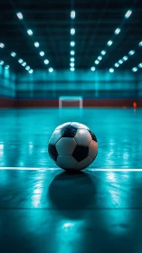 Quiet futsal court glow with lone soccer ball waiting calmly.
