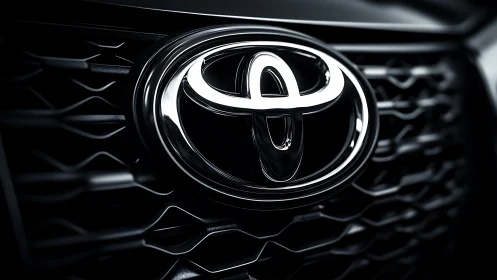 Shining Toyota emblem glowing on a sleek black grille.