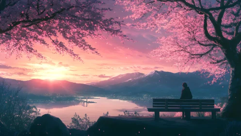 Twilight cherry blossoms cradle a lone dreamer by the lake