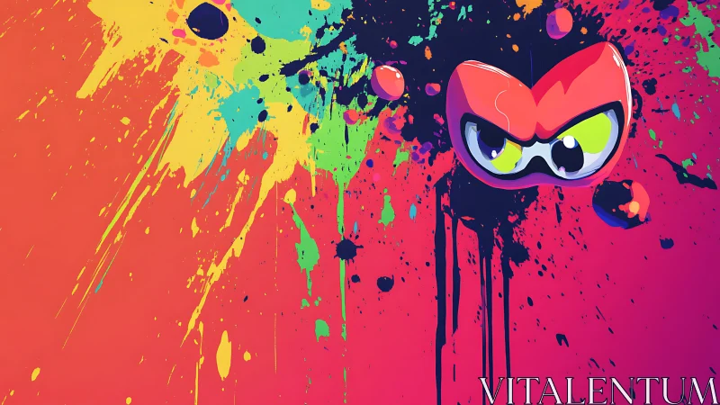 Cartoon mask floats over multicolor paint splatter background
