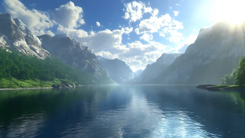 Sunlit mountain fjord stretches into a calm reflective horizon