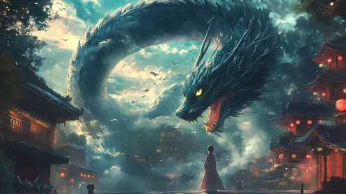 Stormlit dragon coils above lantern city, confronting silhouette.