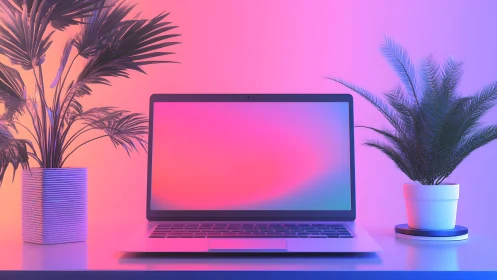 Modern laptop on desk with potted plants, vibrant neon lighting.