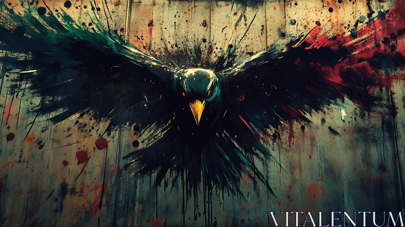 Raven of splintered midnight streaks through dripping chaos.