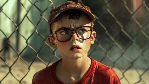 Worried boy in oversized glasses stands by chain-link fence.