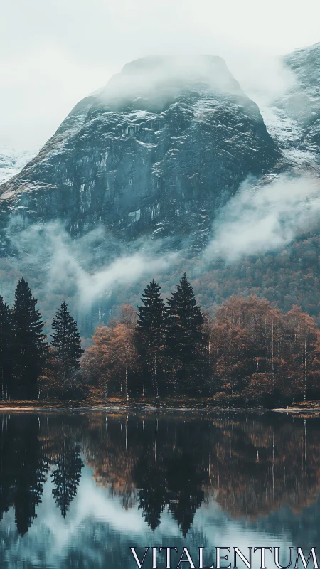 Mist-draped mountain listens quietly to the mirror-still lake