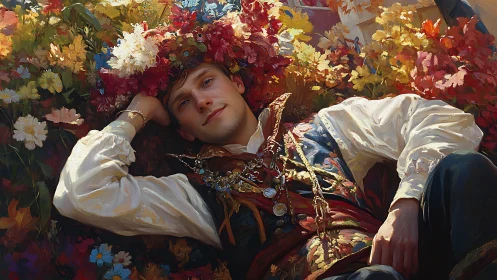 Young man in folk attire reclines amid radiant blossoms.