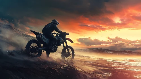 Sunset trail rider on rugged coastal dirtscape horizon.