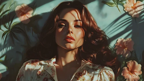 Digital portrait of woman in floral setting with directional light