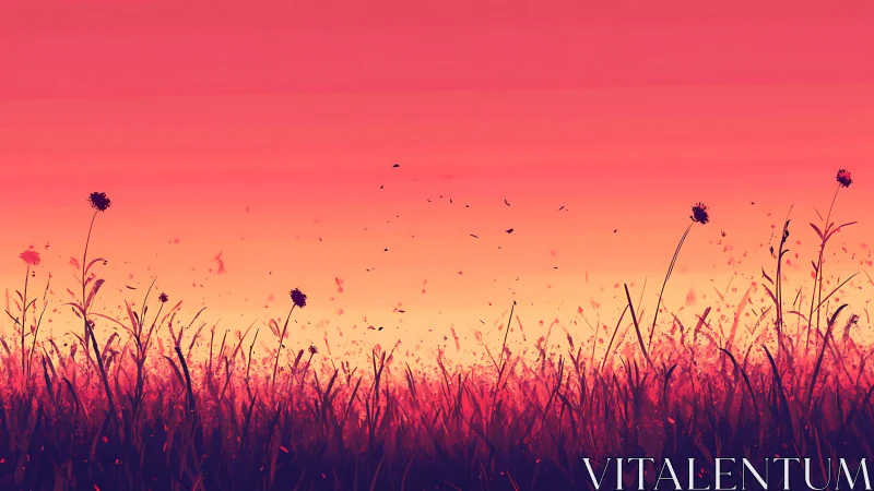 Red sunset sky over silhouetted field of tall wild grass.