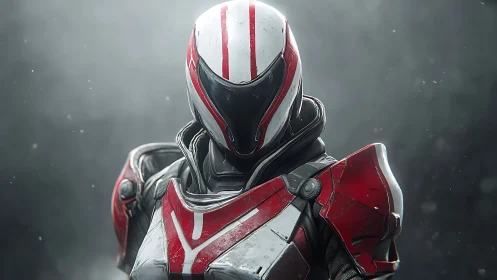 Calm space guardian in glossy red and white armor stands poised.