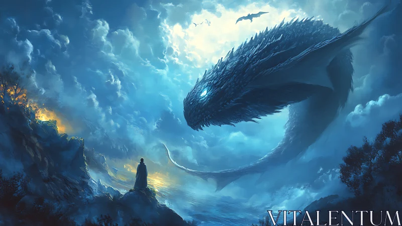 Epic fantasy seascape with colossal sky-serpent encounter.