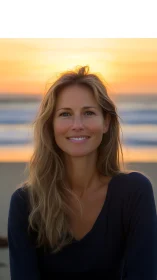 Sunlit beach portrait of smiling woman at golden hour.