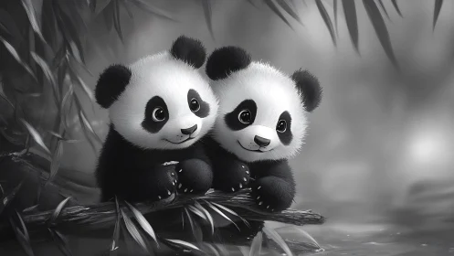 Playful panda cub duo rest together above calm water.