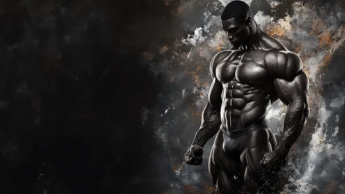 Digital rendering of muscular male bodybuilder in profile view.