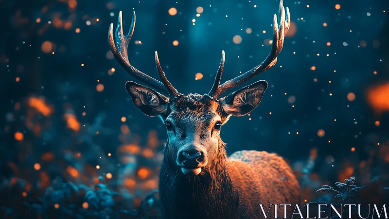 Gentle stag glowing in a dreamy blue and amber forest night.