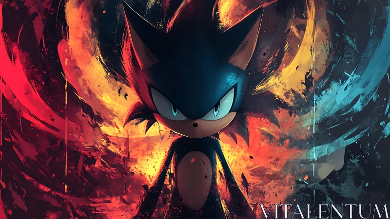 Energetic hedgehog silhouette framed by dual-color abstract vortex