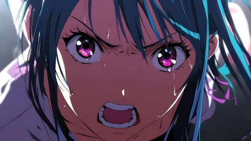 Intense anime heroine in dynamic close-up emotional outburst.