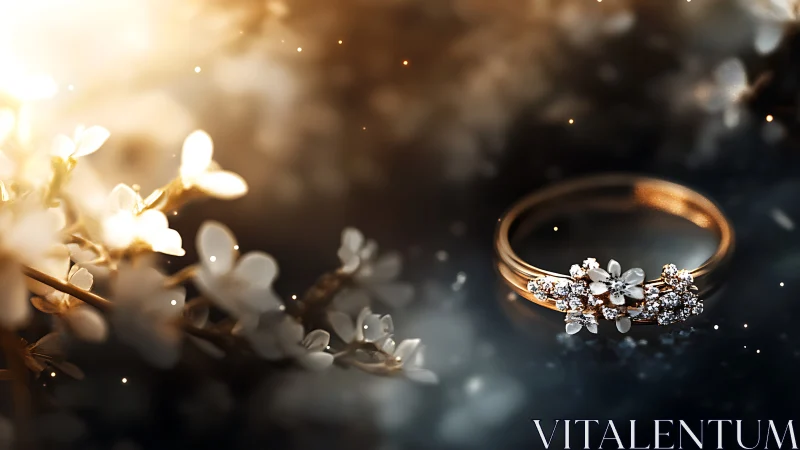 Gold floral ring with clustered diamonds on dark surface.