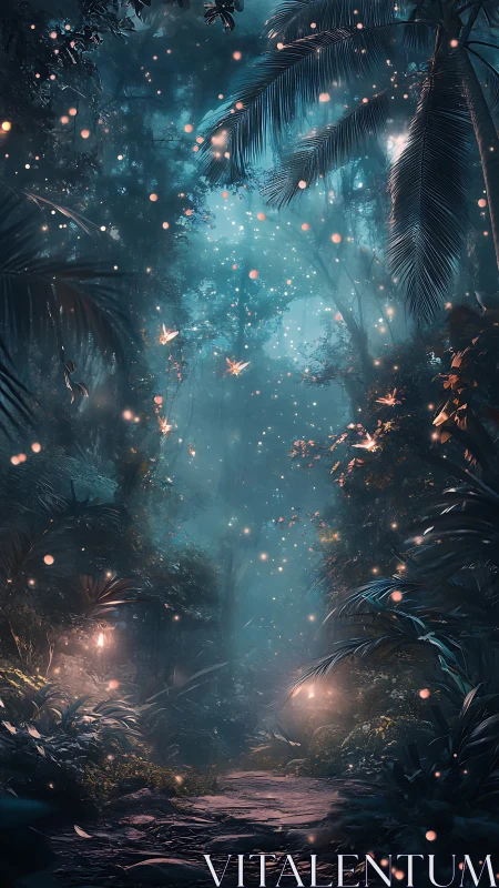 Mystic bioluminescent jungle path in cinematic digital painting.