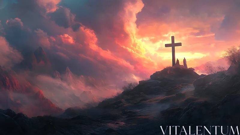 Sunset cross on mountain ridge with lone robed figure.