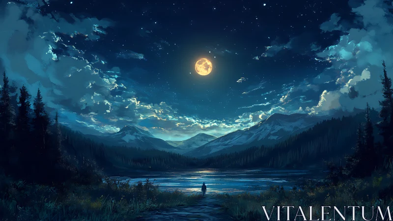Moonlit mountain lake with solitary human figure at shore.