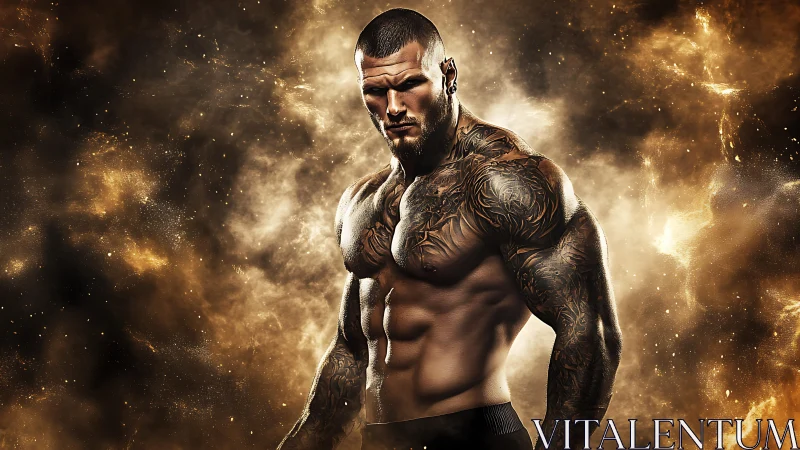 Photorealistic muscular portrait within fiery nebula field.