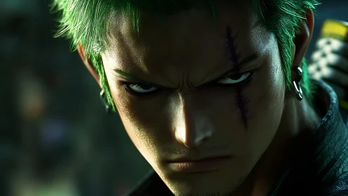 Hyperreal green haired swordsman portrait with facial scars