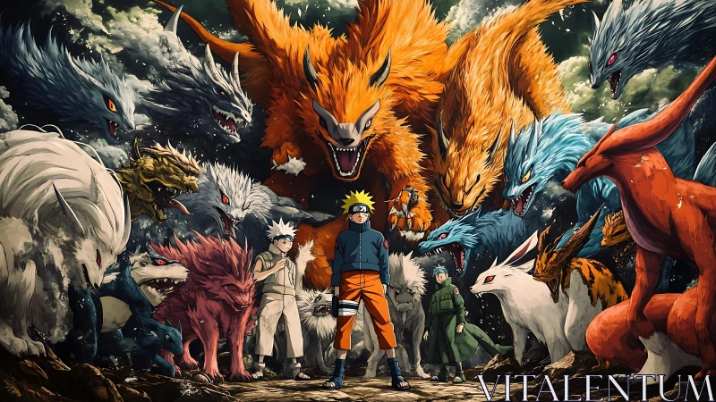 Tailed beasts encircle determined heroes amid roaring chakra storm