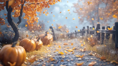 Cinematic autumn lane with pumpkins, falling leaves, soft bokeh depth